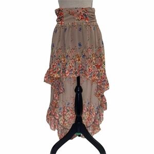 MILLAU Tan Multicolored Floral Print High Low Asymmetrical Ruffled Skirt